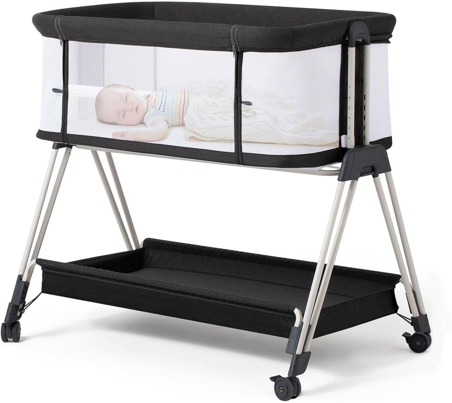 Fodoss Baby Bassinets Bedside Sleeper - 3-in-1 Baby Bassinet with Wheels, Soft Mattress, Storage Tray, Full-Mesh Sides, 7-Height Adjustable Crib for Newborns