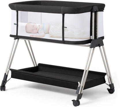 Fodoss Baby Bassinets Bedside Sleeper - 3-in-1 Baby Bassinet with Wheels, Soft Mattress, Storage Tray, Full-Mesh Sides, 7-Height Adjustable Crib for Newborns