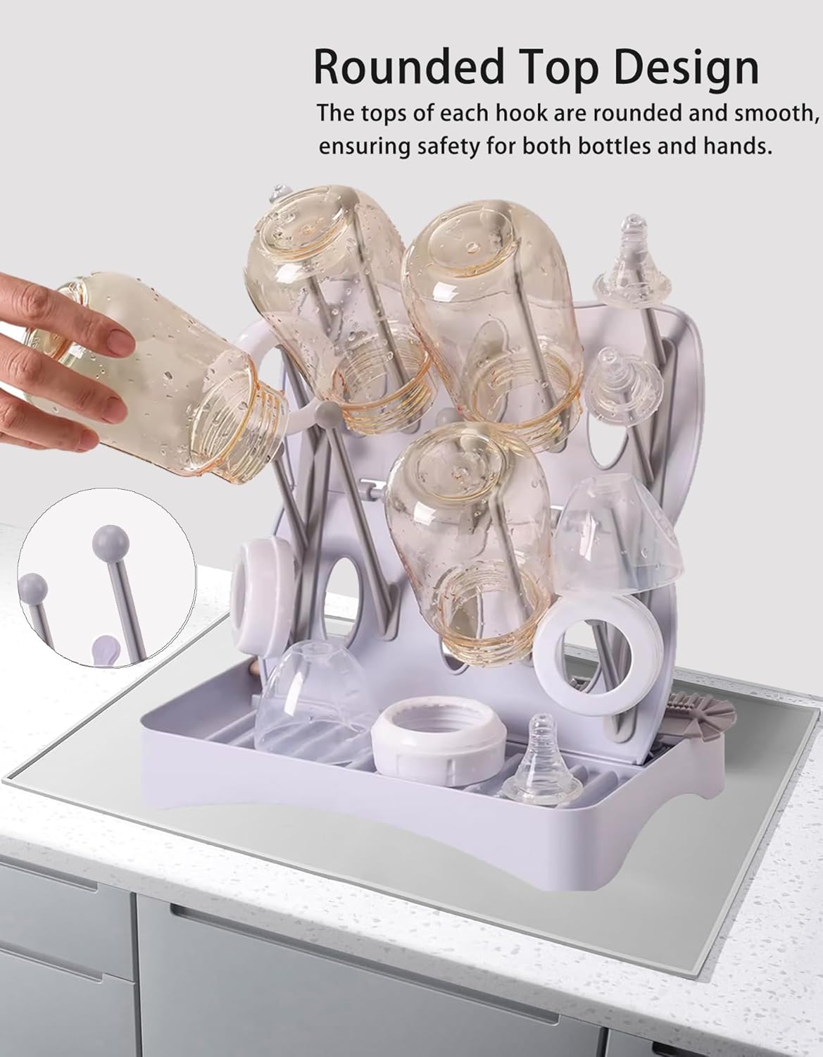 Portable Bottle Drying Rack with Drain Mat, Foldable & Space Saving Drying Rack for Baby Bottles, Pump Parts,Cups,Pacifiers, and Reusable Ziplock Dryer Rack(Grey Drying Rack with Drain Mat)