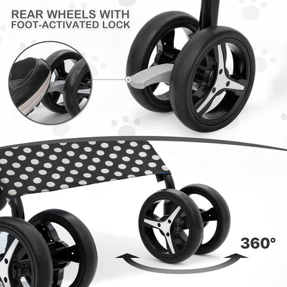 MoNiBloom 4 Wheels Pet Stroller, Easy-Fold Puppy Cage Jogger Stroller with Sun Cover, Pad and Rear Storage Bag, Breathable and Visible Mesh for Small/Medium Pets up to 22 lbs, Black