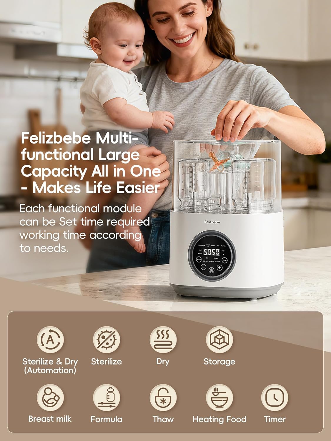 Feilizbebe Electric Steam Baby Bottle Sterilizer and Dryer and Warmer, Bottle Storage Sterile / Bottle Warmer / Heating Food Large Capacity Multifunctional All in One,Touch Screen & Auto-Shut