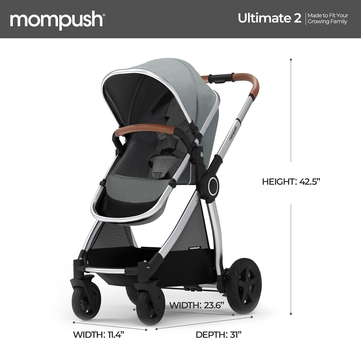 Mompush Ultimate2 Baby Stroller, Premium Convertible Full-Size Stroller for Toddler, Reversible Seat with One Hand Recline Adjustment, Car Seat Adapter Included
