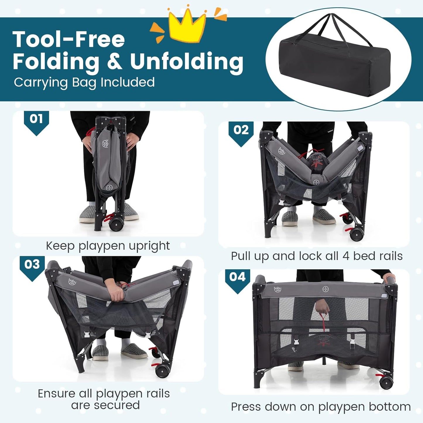 BABY JOY 5-in-1 Pack and Play with Canopy, 4 Level Heights Baby Bedside Sleeper w/Bassinet, U-Shaped Changing Table, Safety Strap, Side Zipper, Portable Bedside Crib Playard from Newborn to Toddlers