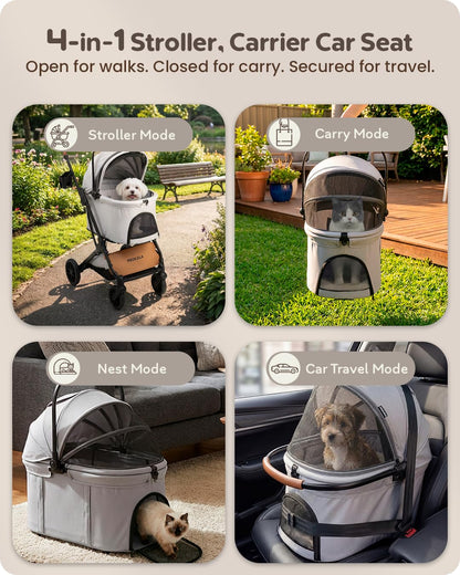 Pet Stroller with Detachable Carrier for Small, Medium Dogs & Cats, Lightweight Foldable Design, Travel-Ready, Compact Storage (Cloud Gray)