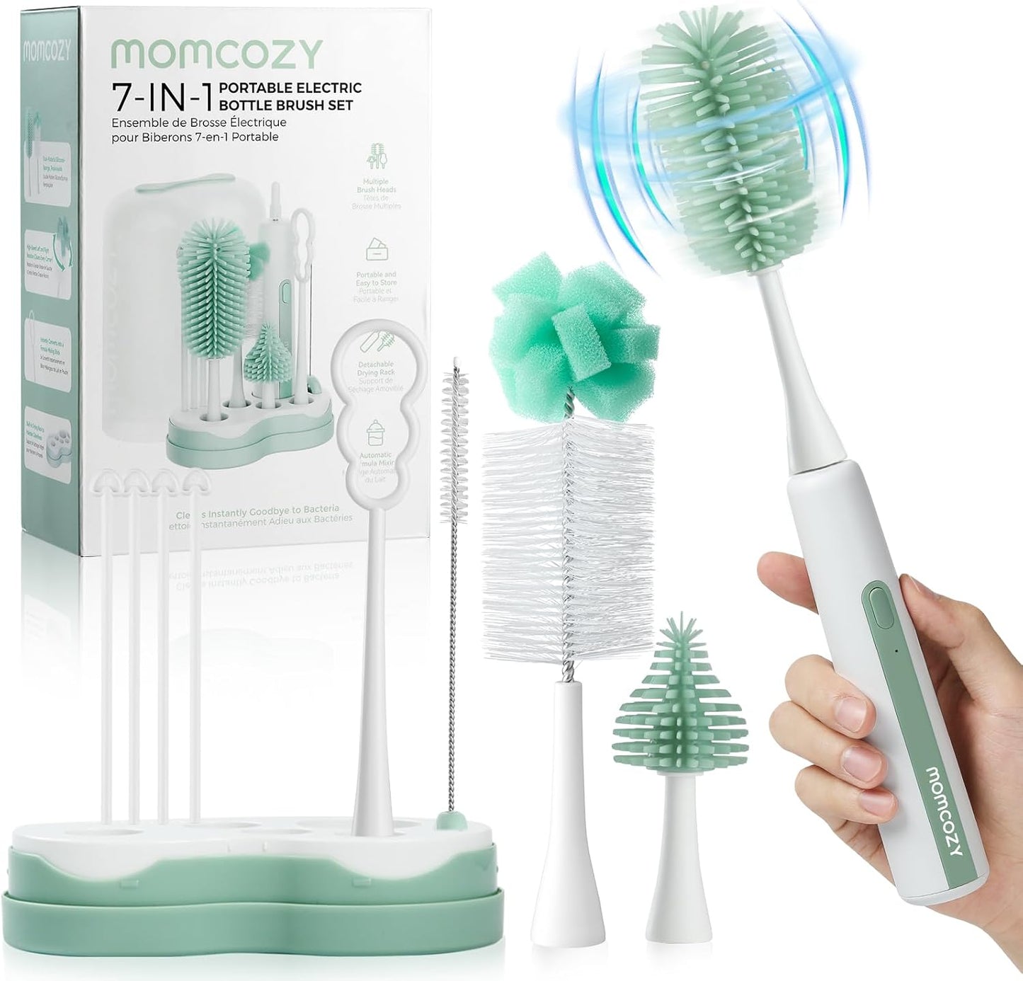 Momcozy Electric Baby Bottle Brush Set with Drying Rack, 7-in-1 Powered Bottle Cleaner & Formula Mixer, Portable Newborn Essentials for Pump Parts & Travel.