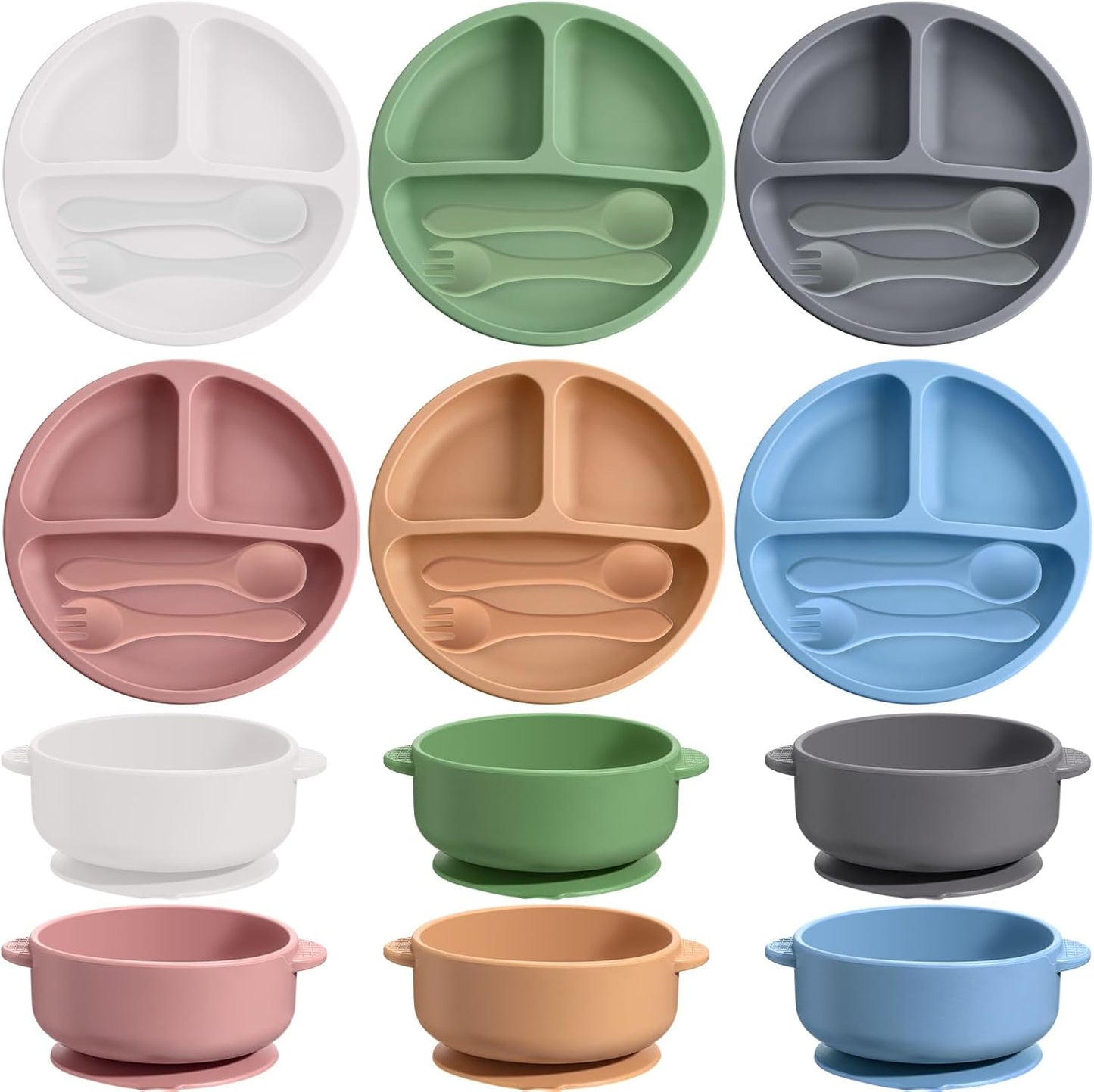Dandat 24 Pcs Silicone Baby Feeding Set,6 Baby Toddler Suction Bowls 6 Divided Suction Plates with 6 Forks 6 Spoons, Utensils Set for Weaning Infant Feeding and Eating, 6 Styles (Elegant Color)