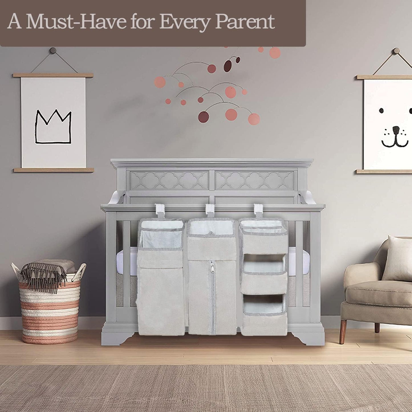 Hanging Diaper Caddy Organizer for Baby Crib - 3-in-1 Diaper Stacker for Changing Table Nursery Organization Storage Holder for Baby Essentials Attachment Portable Combining (Light grey)