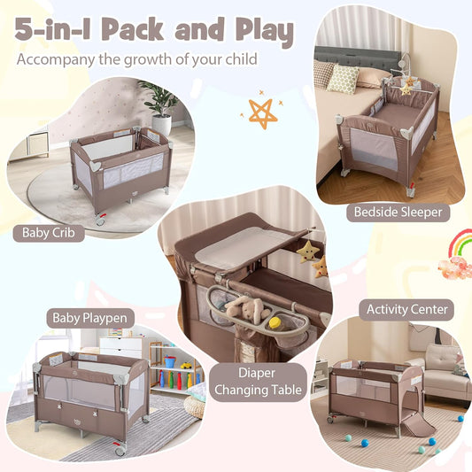 BABY JOY 5-in-1 Pack and Play, Portable Baby Bedside Sleeper with Bassinet, U-Shaped Diaper Changer, Safety Strap, Side Zipper Entrance, Hangings, Bedside Crib Playard from Newborn to Toddlers (Gray)