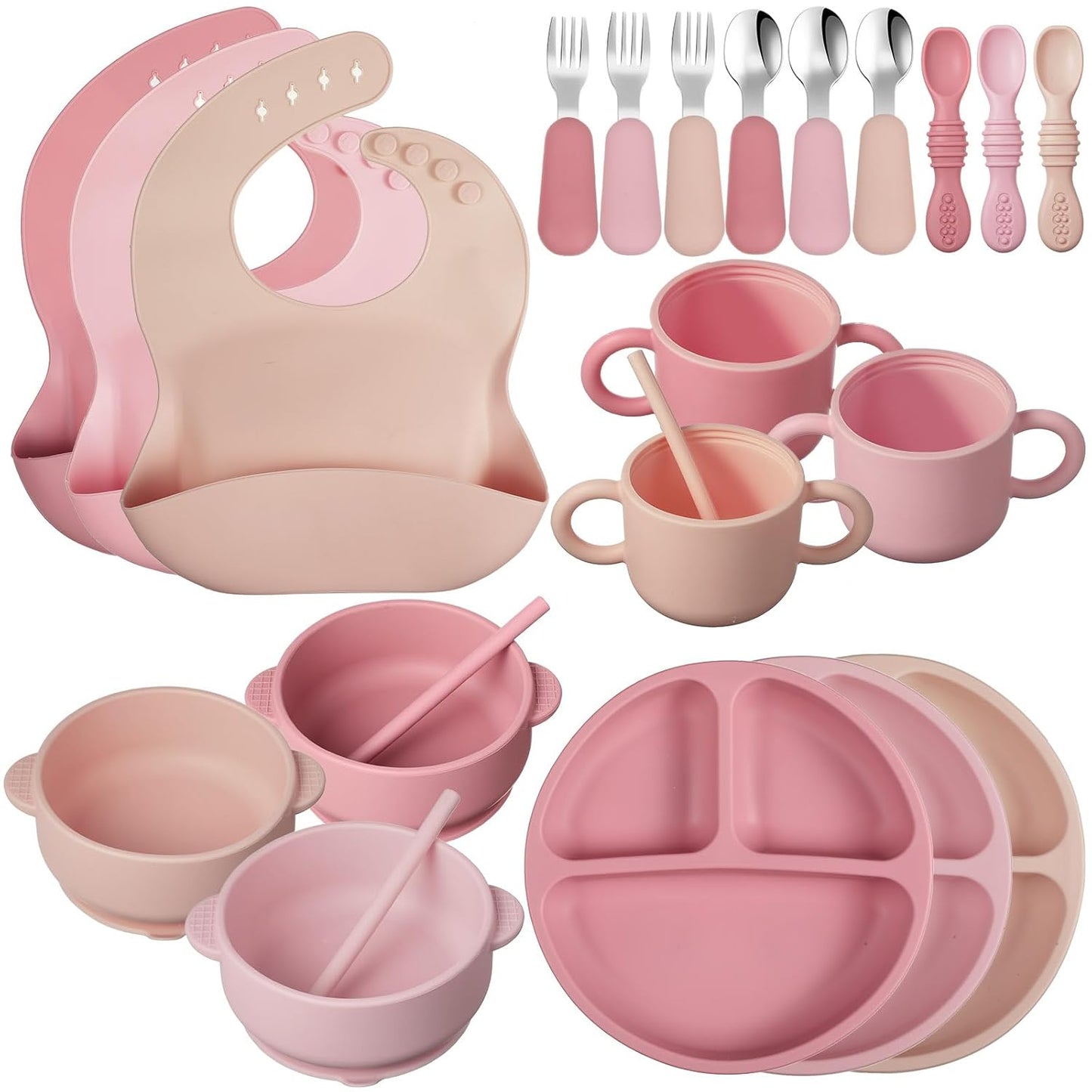 24 Pack Silicone Baby Feeding Set Baby LED Weaning Supplies Includes Suction Divided Plates Soft Bowl Spoons Forks Adjustable Bib Snack Cup and Straws(Gray Blue, Army Green, Beige)