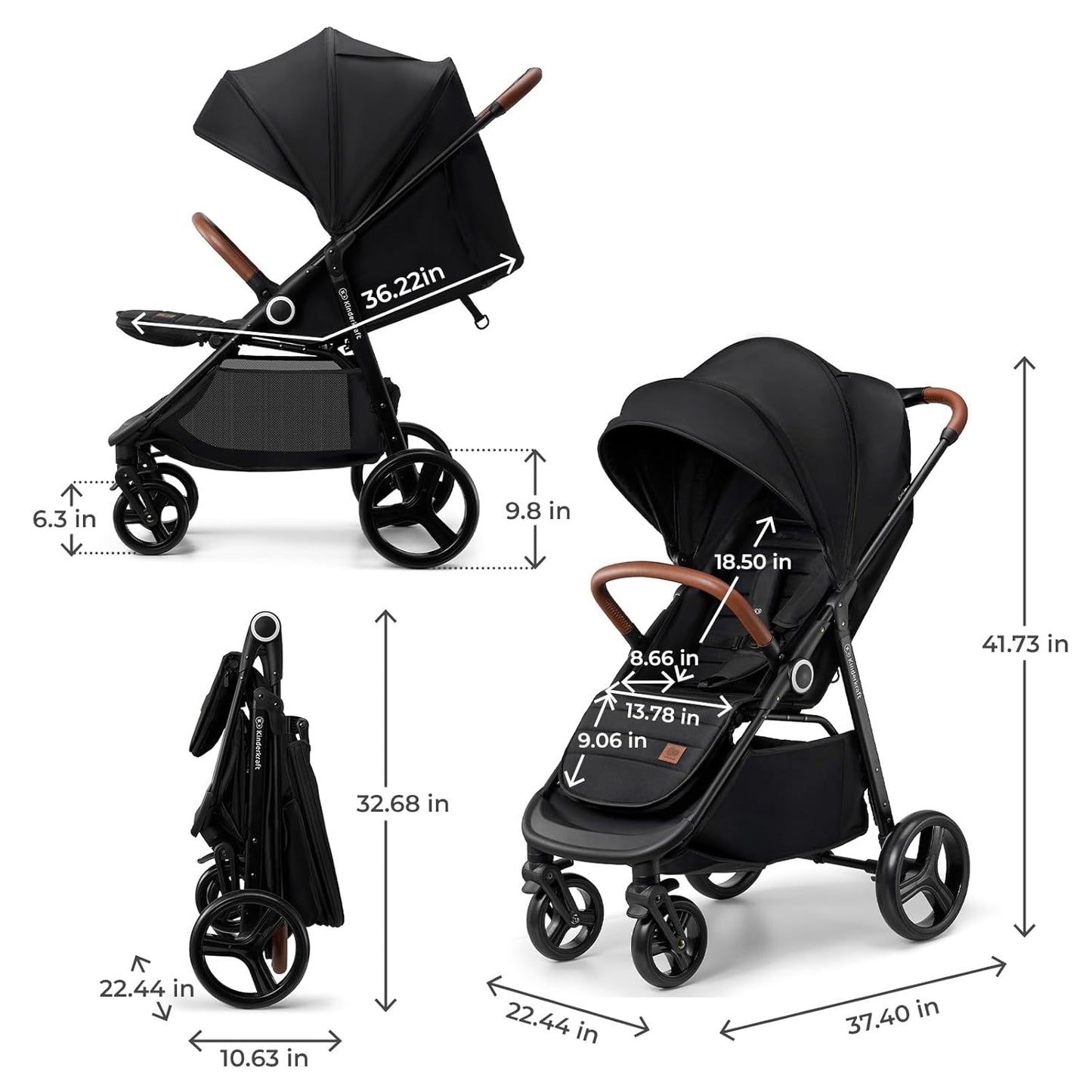 Kinderkraft Grande Plus Kinderkraft Buggy from Birth to 48.5 lb, one-Hand Folding, Reclining Position, Large Canopy with Window, All 4 Wheels dampened, Spacious seat, Black