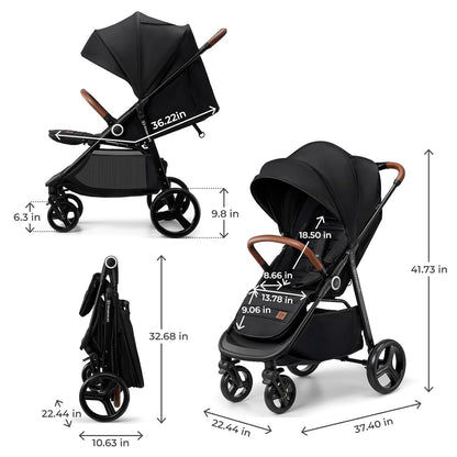 Kinderkraft Grande Plus Kinderkraft Buggy from Birth to 48.5 lb, one-Hand Folding, Reclining Position, Large Canopy with Window, All 4 Wheels dampened, Spacious seat, Black