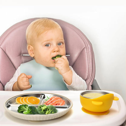 MISSLILI Stainless Steel Baby Plate and Bowls with Suction, Divided Kids Baby Plate and Toddler Bowl with Removable Silicone Suction, Non-Slip Baby Feeding Set Dishwasher Safe，4 Packs