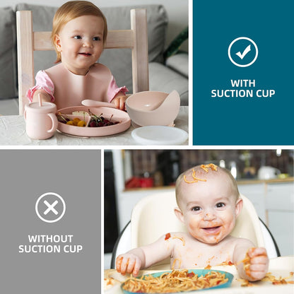 100% Silicone Baby Feeding Set, BPA Free Baby Dishes with Suction Bowl, Divided Plate, Toddler Self Feeding Dish Set with Spoons, Forks, Sippy Cup and Bib, Baby Eating Utensils (Navy Blue)
