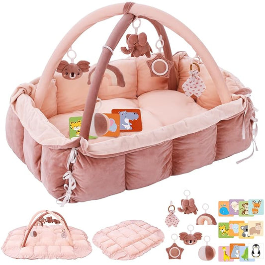 5-in-1 Plush Baby Play Gym, Baby Play Mats, Convertible Baby Gym, Tummy time mat, 6 Sensory Toys, Activity Center, Ball Pit, Pink