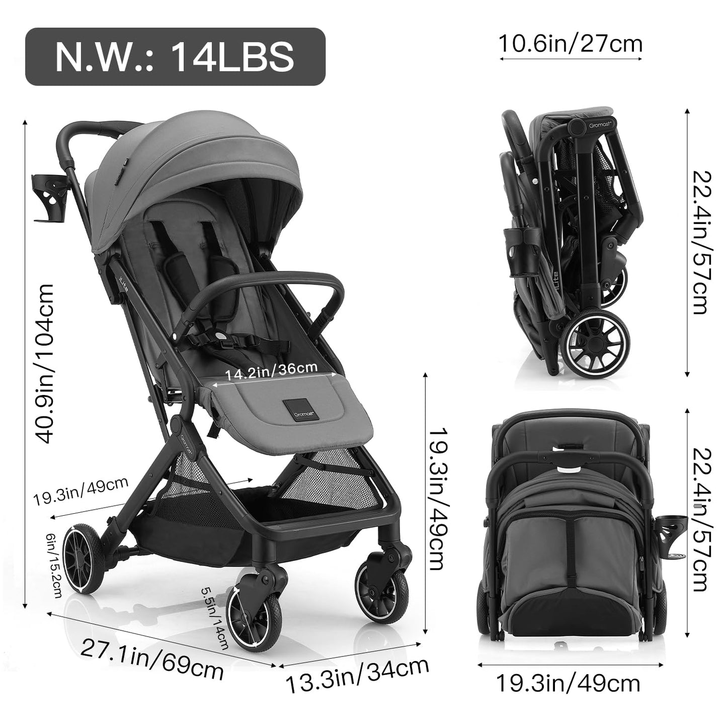 Gromast Compact Fold Baby Stroller, Lightweight Travel Toddler Stroller with One-Click Fold, Extendable UPF50+ Canopy, Cup Holder, UV Protected and Waterproof, One-Hand Folding - Blue