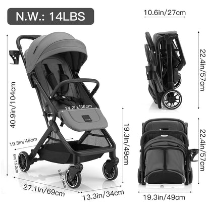 Gromast Compact Fold Baby Stroller, Lightweight Travel Toddler Stroller with One-Click Fold, Extendable UPF50+ Canopy, Cup Holder, UV Protected and Waterproof, One-Hand Folding - Blue