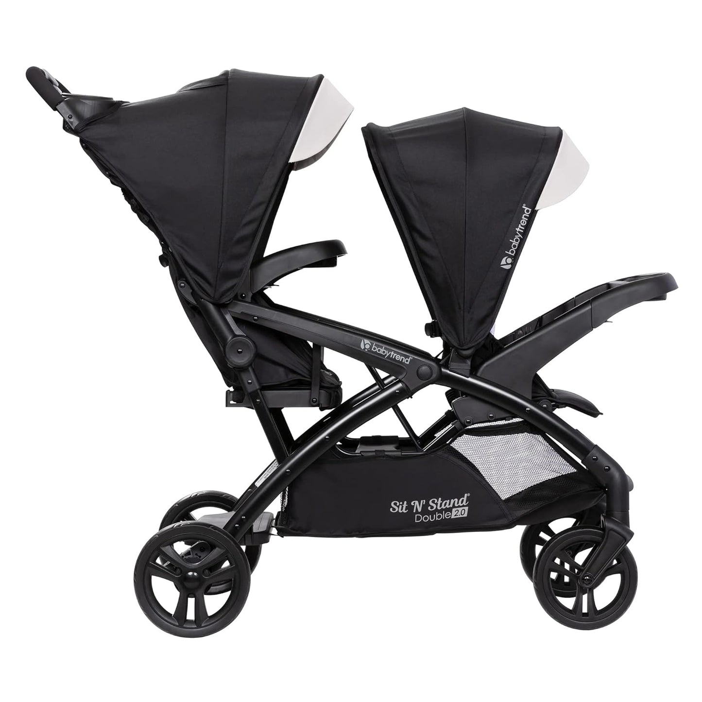 Baby Trend Double Stroller with Canopy Visors, Storage Basket and 2 Cup Holders, Sit N' Stand 2.0 DLX, Stormy – Foldable Infant and Toddler Tandem Stroller and Travel System