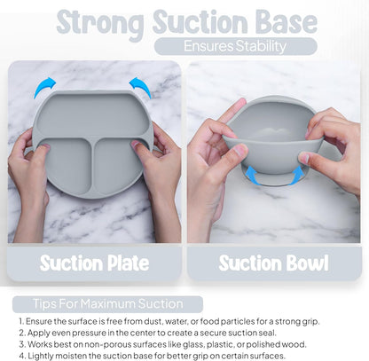 O'doe 17-Piece BPA-Free Silicone Baby Feeding Set | Thick & Soft Suction Plates, Baby Bowls, Wooden Fork & Spoon, and More | Make Mealtime Fun and Easy for Your Little One (Purple, V2)