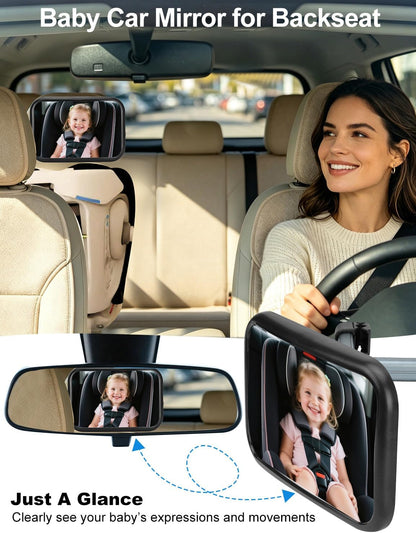 Kairiyard Baby Car Mirror, Hook Clip Car Back Seat Mirror for Baby Rear Facing, Clear Wide View Stable Safety Shatterproof 360° Rotation, Easily Observe the Baby