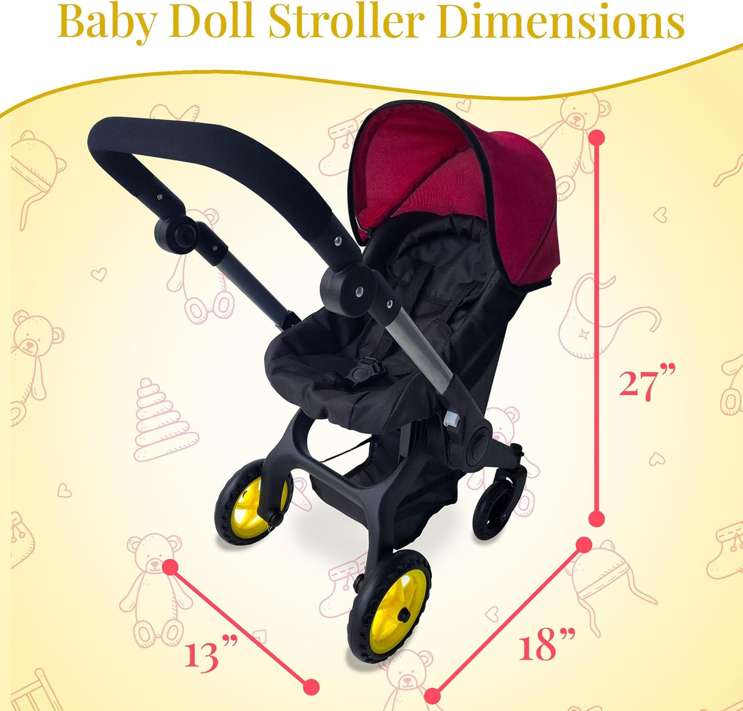 Baby Doll Car Seat Stroller Combo – Convertible 2 in 1 Doll Stroller and Car Seat for Kids – Fits Up to 20” Dolls – Play Toy Baby Stroller with Adjustable Handle for Girls Toddlers All Ages (Black)