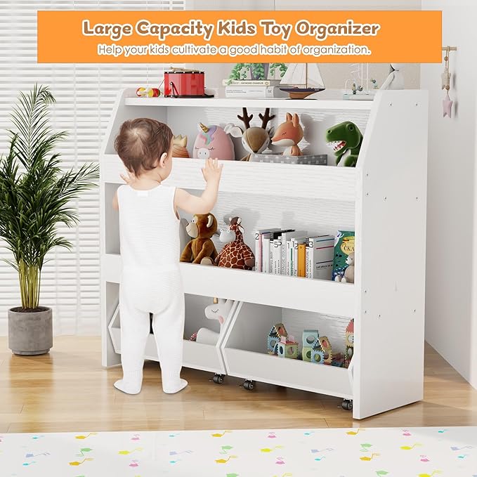 COZPAW Toy Storage Organizer, 3 Tier Montessori Shelf with Movable Bins (White)