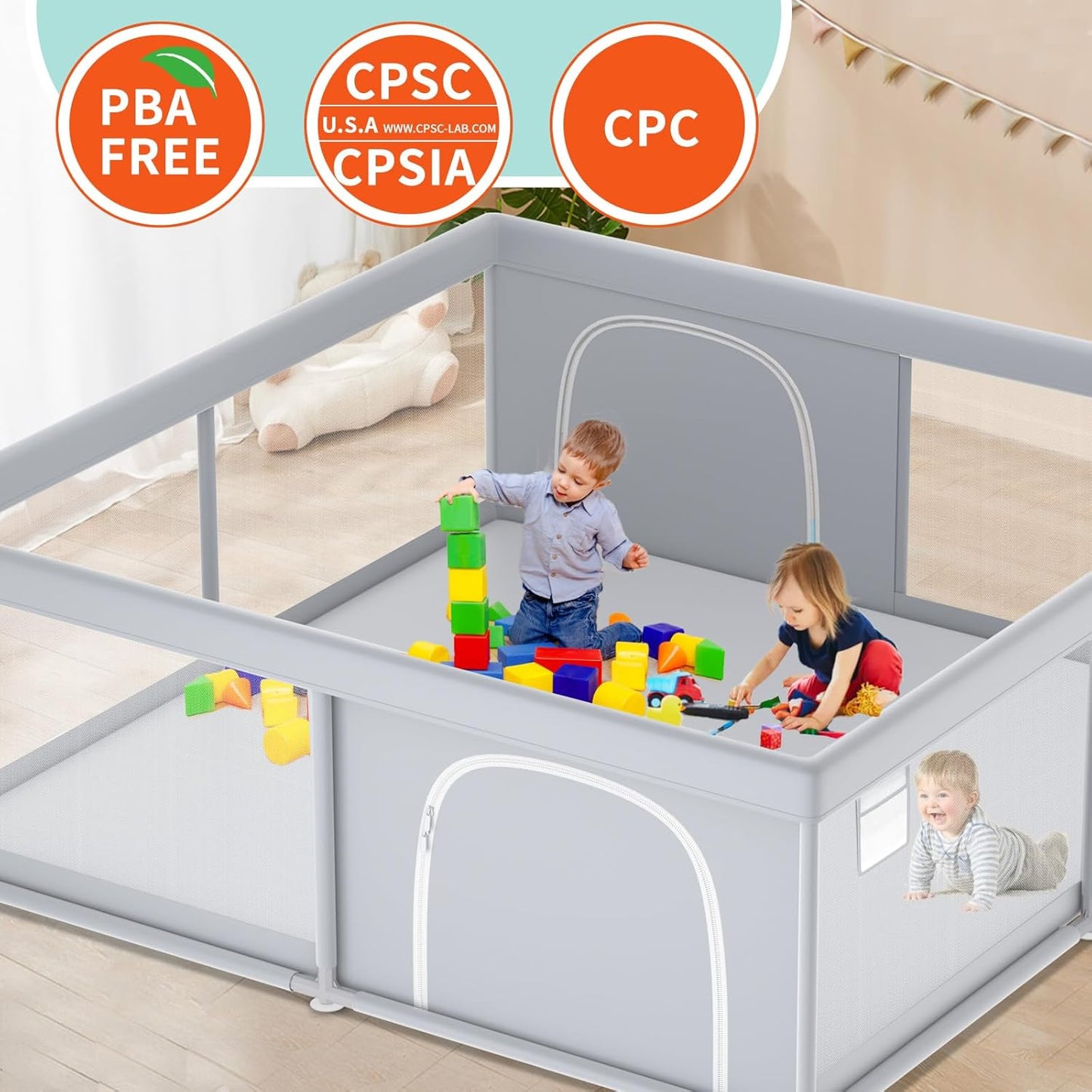 XVISHX 65 x 50 Inch Baby Playpen, Playpen for Babies and Toddlers, Baby Play Pen Playard for Indoor & Outdoor Active Center Game Fence, with Skin-Friendly Fabric and Soft Breathable Mesh, Grey