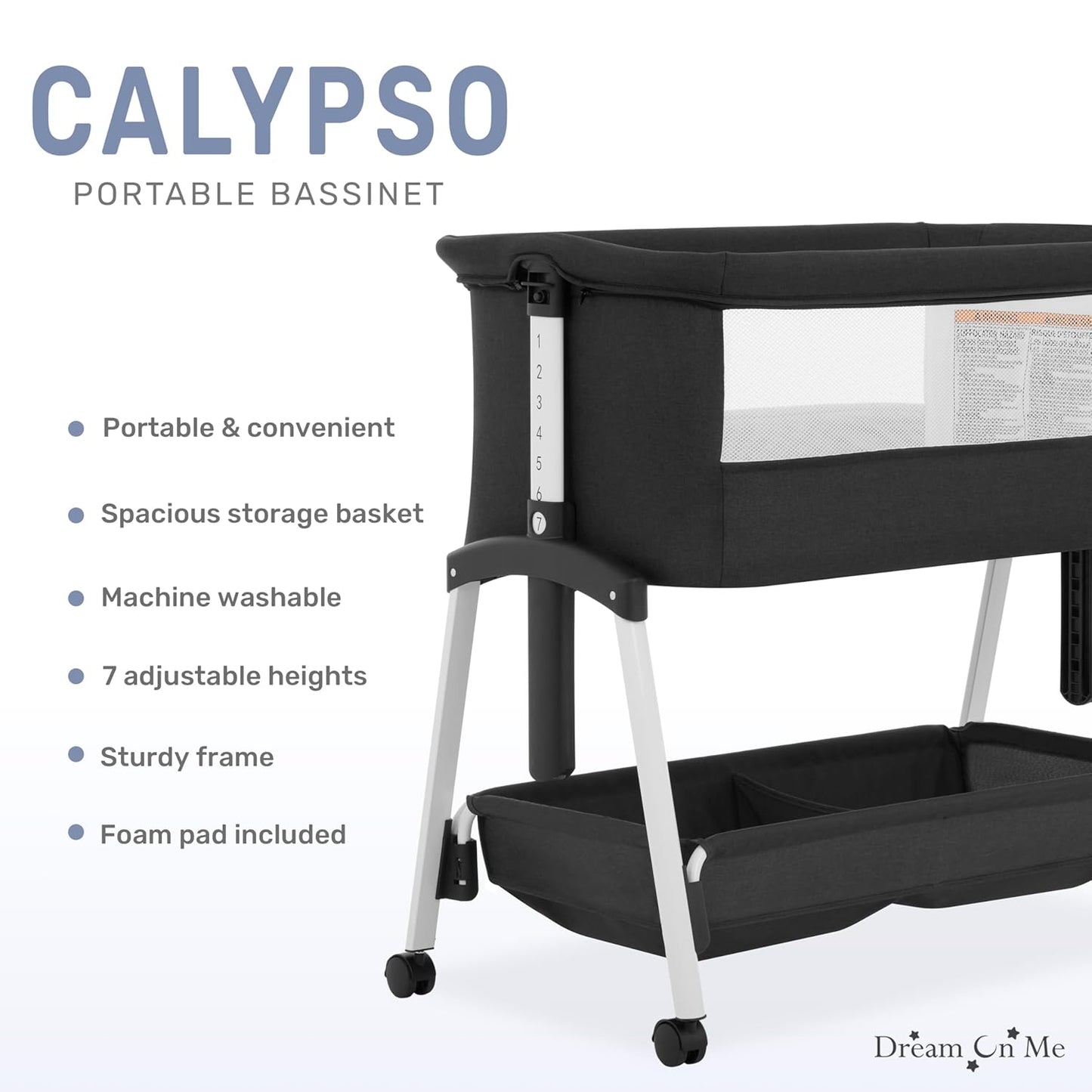 Dream On Me Calypso Portable Bassinet with Wheels, Adjustable Height Bedside Sleeper, Foldable Baby Bassinet with Breathable Mesh Sides, Foam Mattress, Easy Mobility & Travel-Friendly Design - Black