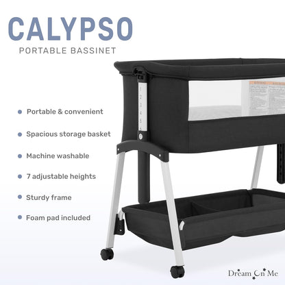 Dream On Me Calypso Portable Bassinet with Wheels, Adjustable Height Bedside Sleeper, Foldable Baby Bassinet with Breathable Mesh Sides, Foam Mattress, Easy Mobility & Travel-Friendly Design - Black
