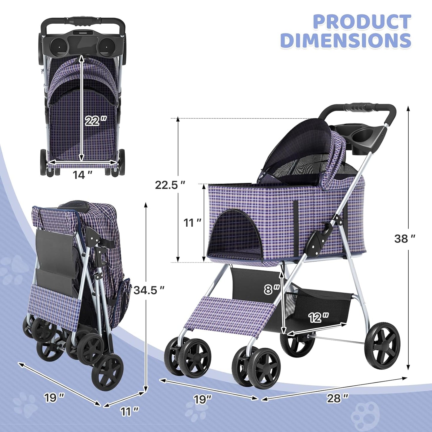 Magshion Compact Pet Stroller for Small-Medium Dogs/Cats up to 22lbs, 4-Wheel Lightweight Umbrella Shaped Portable Puppy Travel Jogger with Breathable Mesh, Cup Holder & Rear Storage, Black