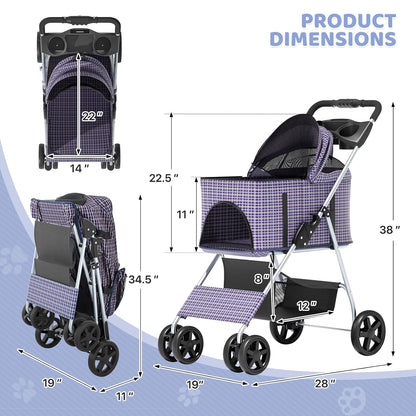 Magshion Compact Pet Stroller for Small-Medium Dogs/Cats up to 22lbs, 4-Wheel Lightweight Umbrella Shaped Portable Puppy Travel Jogger with Breathable Mesh, Cup Holder & Rear Storage, Black