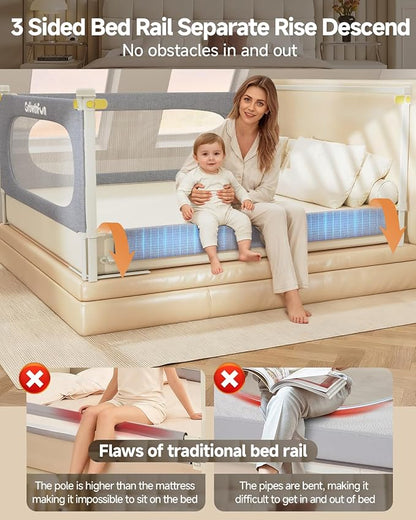 3-Piece Full Size Bed Rail for Toddlers, Baby Bed Rail Guard with Height Adjustable Toddlers Bed Rail, Kids Safety Bed Rail for Full Size Bed (74.8"x74.8"x54" - Grey)