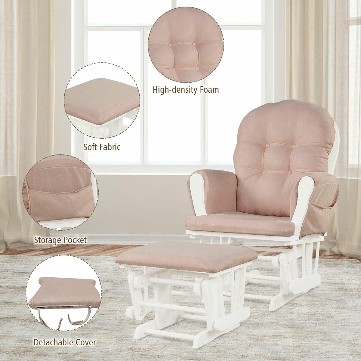 Costzon Nursery Glider with Ottoman, Upholstered Comfort Glider Rocker with Padded Cushion, Storage Pocket, Solid Wood Base, Rocking Chair Nursery for Breastfeeding, Napping (Light Gray)