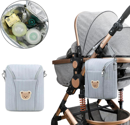 Lmbabter Embroidered Bear Stroller Organizer Tote Bag, Bottle Insulation Pouch, Portable Cooler Storage Essential for Milk/Breast Pump,Baby Travel Supplies (Black)