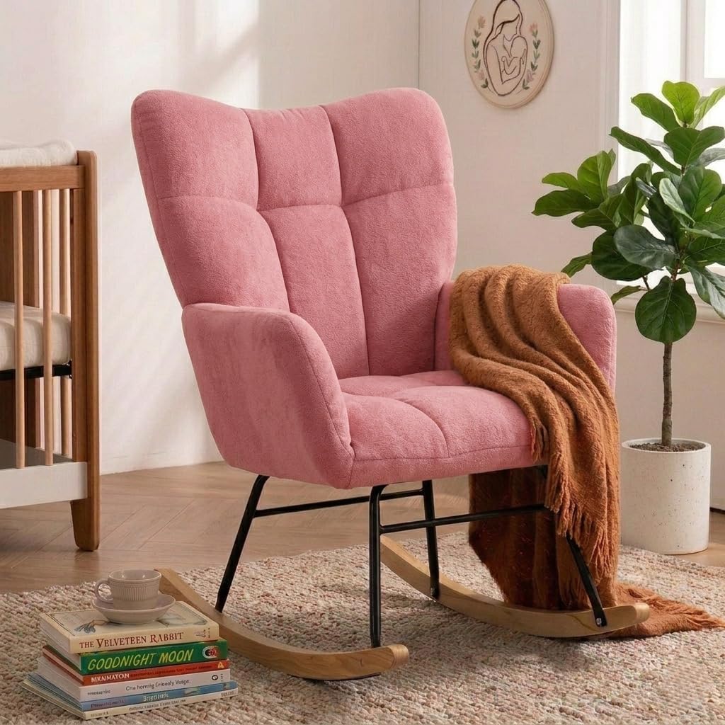 Nursery Rocking Chair, Rocking Chairs for Nursery, Baby Rocker Chair, Glider Rocker, Anti-Tip Safety Design, 440 Lb Weight Capacity, Cotton Fabric Cover, White