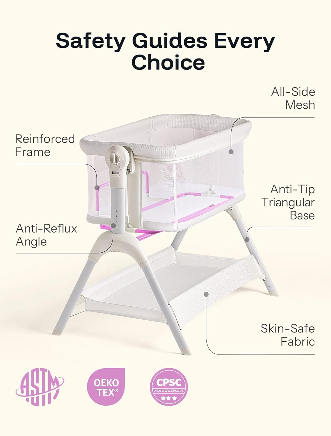 HARPPA Cuddly Sway Baby Bassinet Bedside Sleeper, 3 in 1 Rocking Bassinet with Mattress and Soft Cover, Full Mesh Sides, 5 Height Adjustable with Wheels for Newborns, Beige