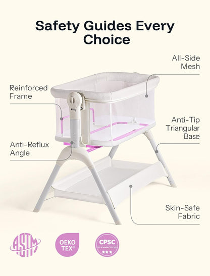 HARPPA Cuddly Sway Baby Bassinet Bedside Sleeper, 3 in 1 Rocking Bassinet with Mattress and Soft Cover, Full Mesh Sides, 5 Height Adjustable with Wheels for Newborns, Beige