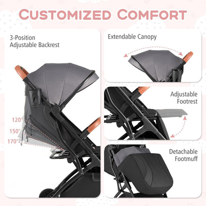 BABY JOY Lightweight Stroller, Compact Travel Stroller with One-Hand Fold, Adjustable Backrest, Canopy, Cup Holder, Footmuff & Storage Basket for Toddlers (Gray)
