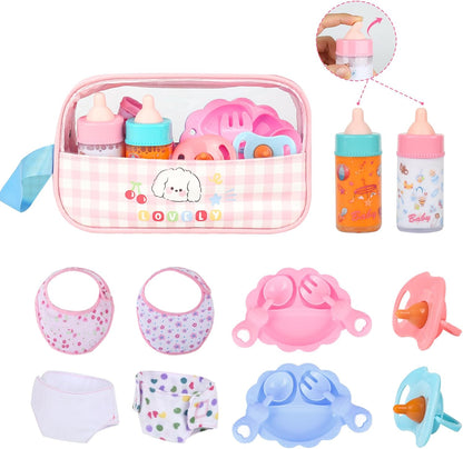 CARANOVO Baby Doll Accessories Set – 7 Pcs Feeding and Caring Set with Magic Disappearing Bottles, Pacifier, Diapers and Bibs Doll Pretend Play Gift for Kids