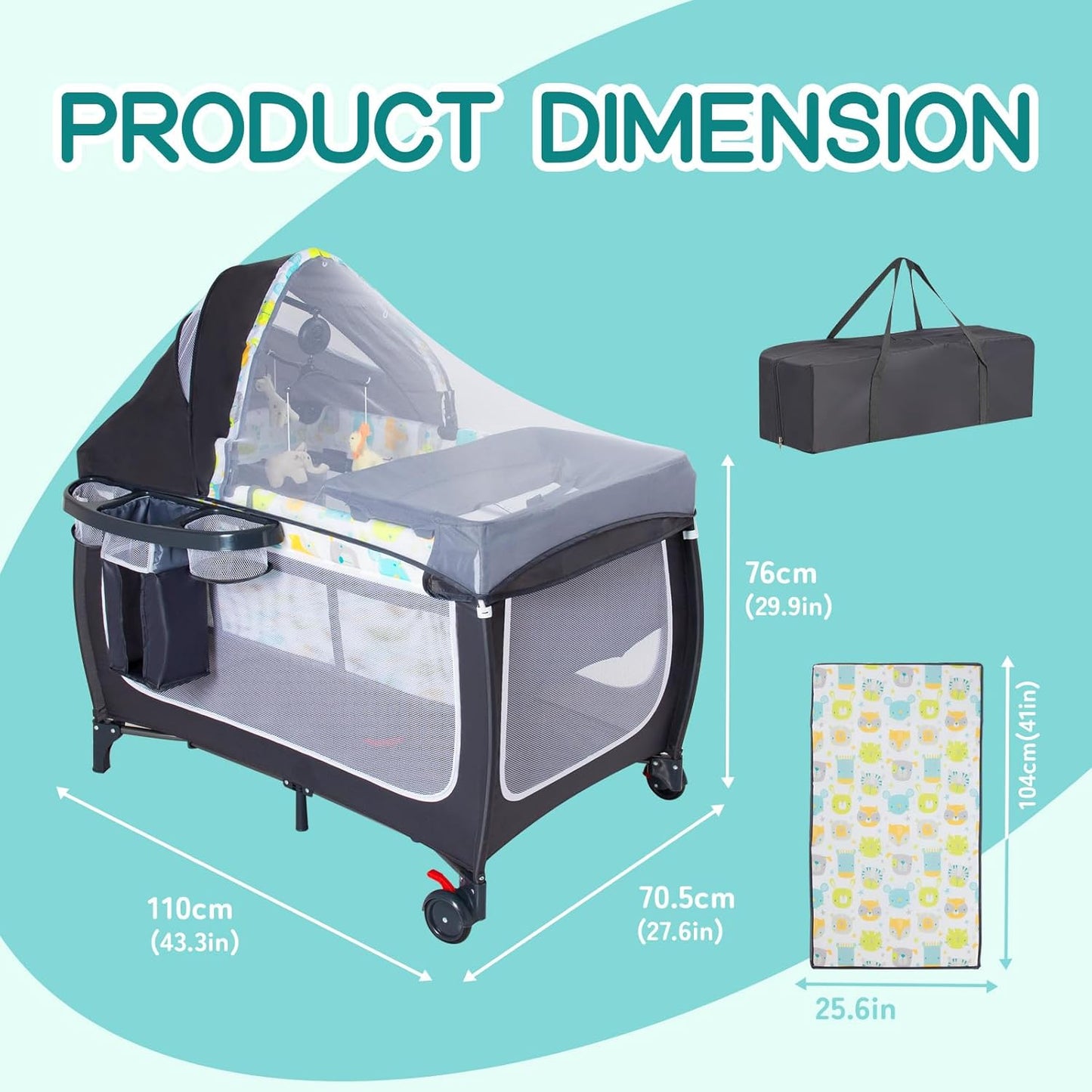 ANNA QUEEN 4 in 1 Pack and Play,Portable Baby Crib Deluxe Nursery Center, Foldable Travel Playard,Adjustable Canopy,Music Box,Changing Table for Newborn, Infant,Toddler