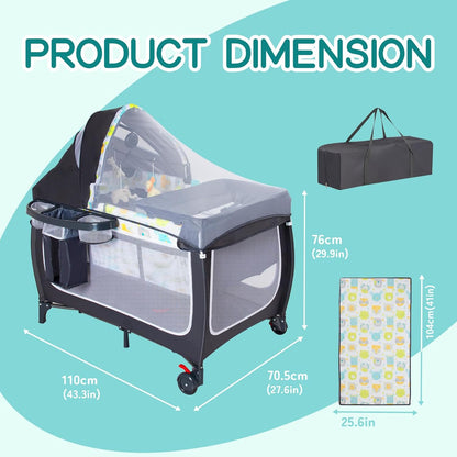 ANNA QUEEN 4 in 1 Pack and Play,Portable Baby Crib Deluxe Nursery Center, Foldable Travel Playard,Adjustable Canopy,Music Box,Changing Table for Newborn, Infant,Toddler