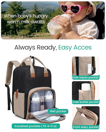 Qualyphant Extra Large Diaper Bag Backpack for Two Kids Twins - Expandable Baby Bag (26-36L), Dual Big Compartments - Includes Changing Pad & Stroller Straps, Unisex Black Khaki