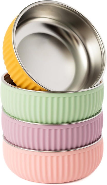 Monkey Proof™ Non-Toxic Stainless Steel Child Bowl 5” with Non-Slip Grooved Silicone Shell, (Set of 4 bowls) Unbreakable, Mess Free Feeding for Babies, Toddlers, Kids, BPA free (Stormy Sky Grooved)