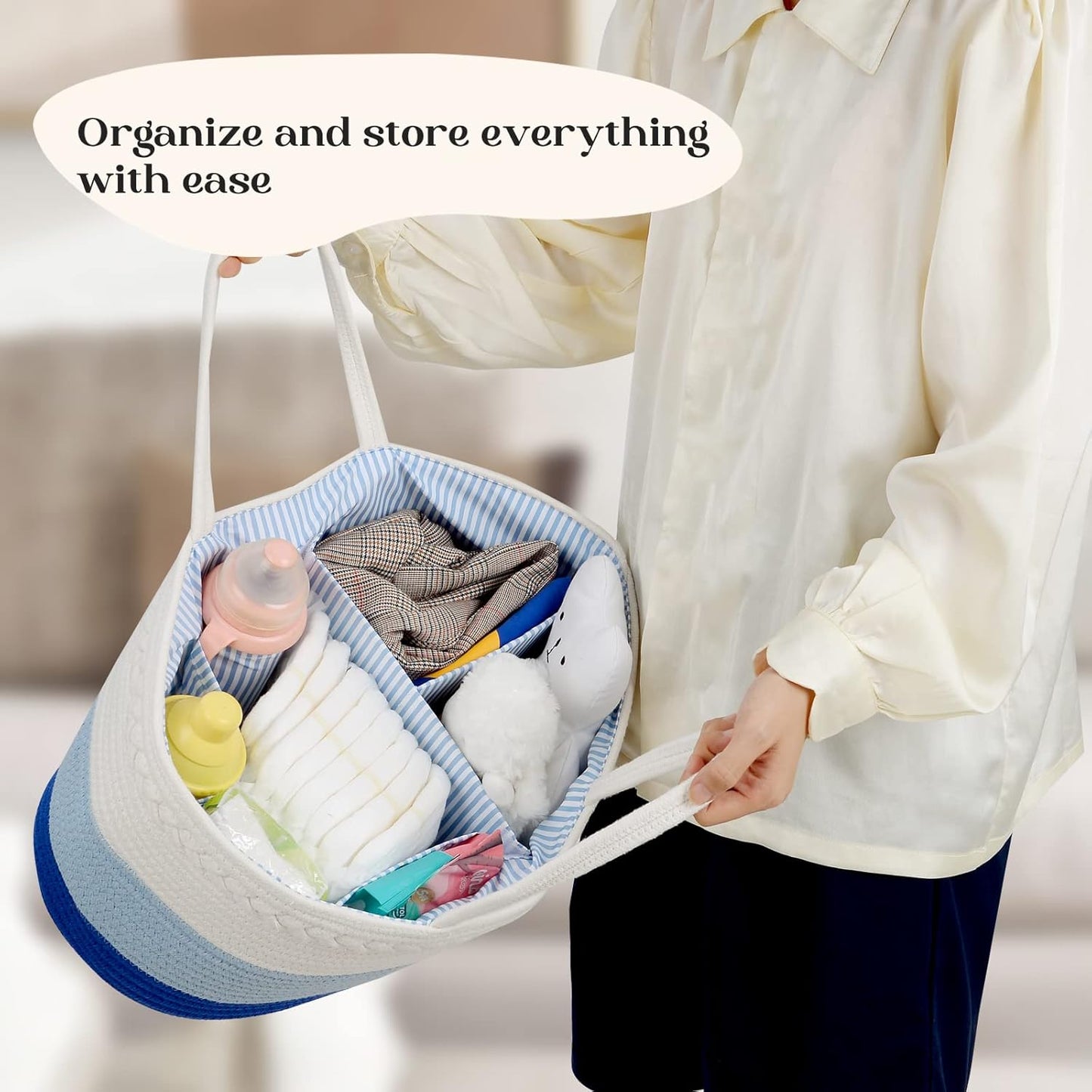 luxury little Diaper Caddy Organizer, Large Cotton Rope Nursery Baby Basket, Changing Table Organizer for Baby Diaper Storage, Portable Car Organizer Removable Divider (Off White, Large)