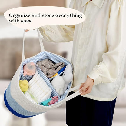 luxury little Diaper Caddy Organizer, Large Cotton Rope Nursery Baby Basket, Changing Table Organizer for Baby Diaper Storage, Portable Car Organizer Removable Divider (Blue, Extra Large)