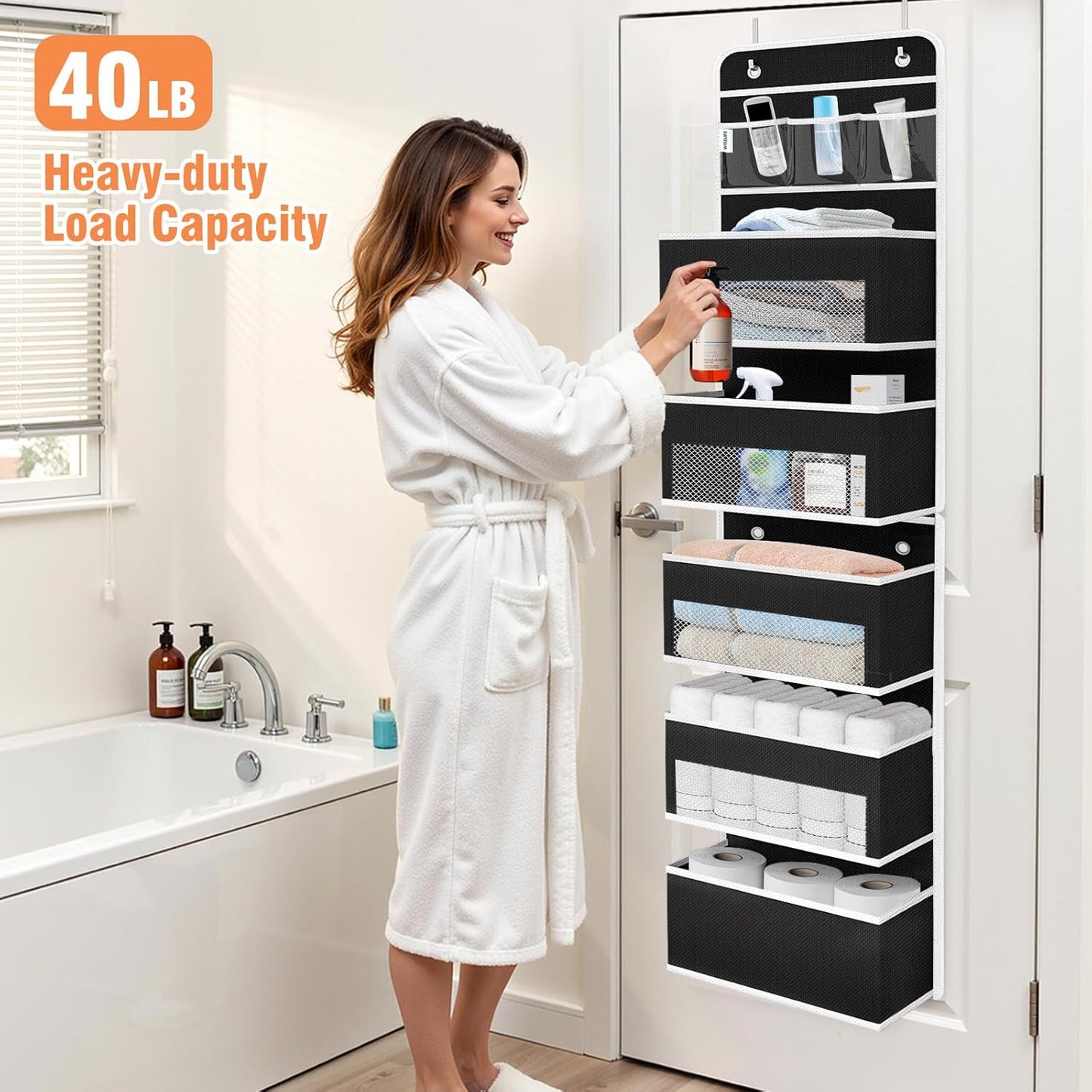 WISELIFE Over The Door Organizer Storage 4 Shelves Large Capacity Hanging Bedroom Storage Solution with 6 Side Pockets for Dorm Bathroom Pantry Nursery and Baby Essentials Holds up to 40 Lbs (Black)