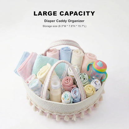 Diaper Caddy Organizer, Stylish Nursery Storage Basket, Baby Shower Basket with Tassel Decorative Appearance, Portable Storage Basket Suitable for Family and Car Travel (Grey)