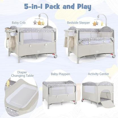 BABY JOY 5-in-1 Pack and Play, Portable Baby Bedside Sleeper with Bassinet, U-Shaped Diaper Changer, Safety Strap, Side Zipper Entrance, Hangings, Bedside Crib Playard from Newborn to Toddlers (Gray)