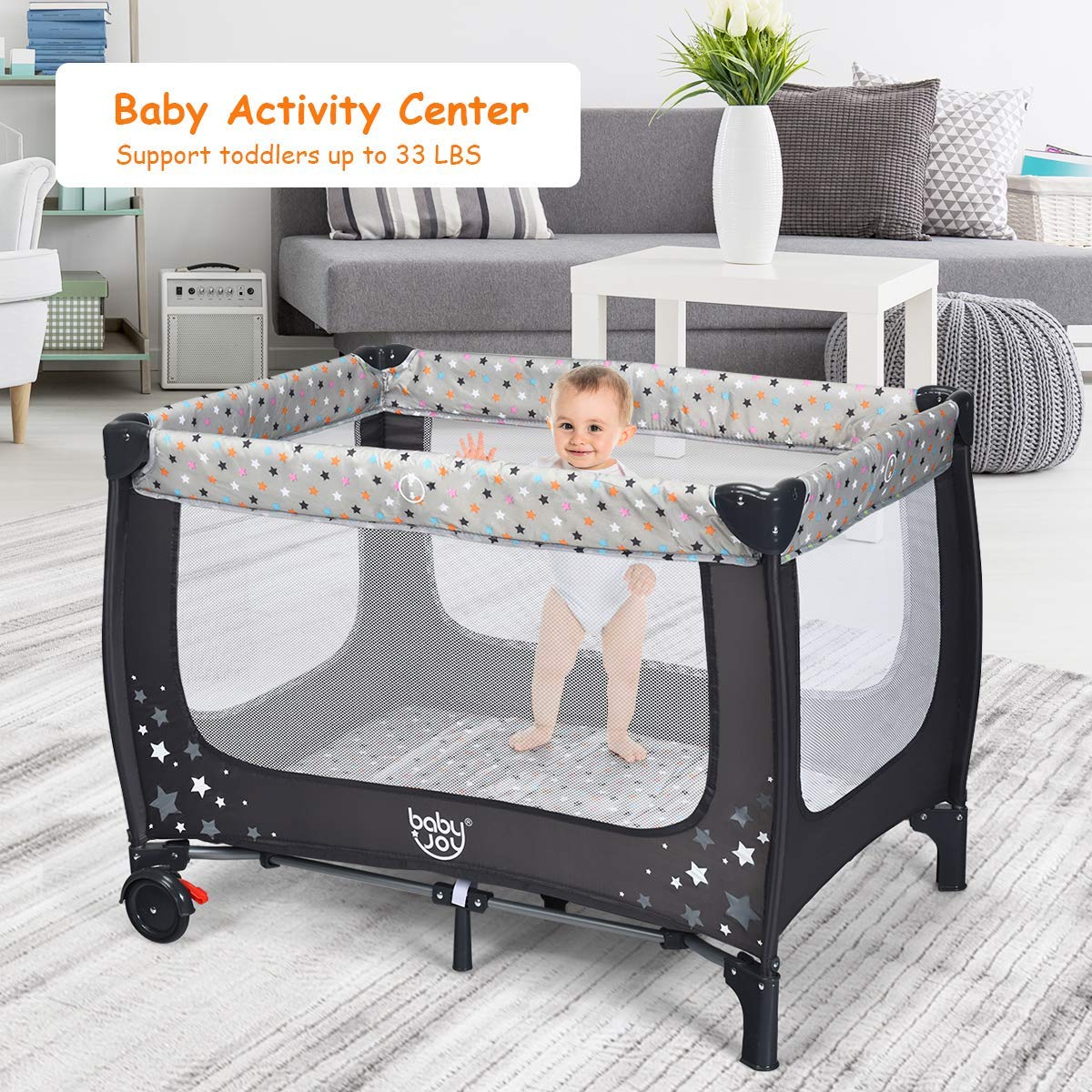 BABY JOY 3 in 1 Pack and Play, Portable Baby Playard with Bassinet, Changing Table, Lockable Wheels, Glowing Music Box, Travel Baby Crib Bassinet Bed from Newborn to Toddler