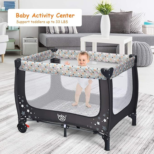 BABY JOY Pack and Play with Bassinet, Portable Playard for Baby, Double Layer Foldable Baby Playpen with Mattress, Lightweight Travel Crib with Bassinet & Carry Bag from Newborn to Toddlers