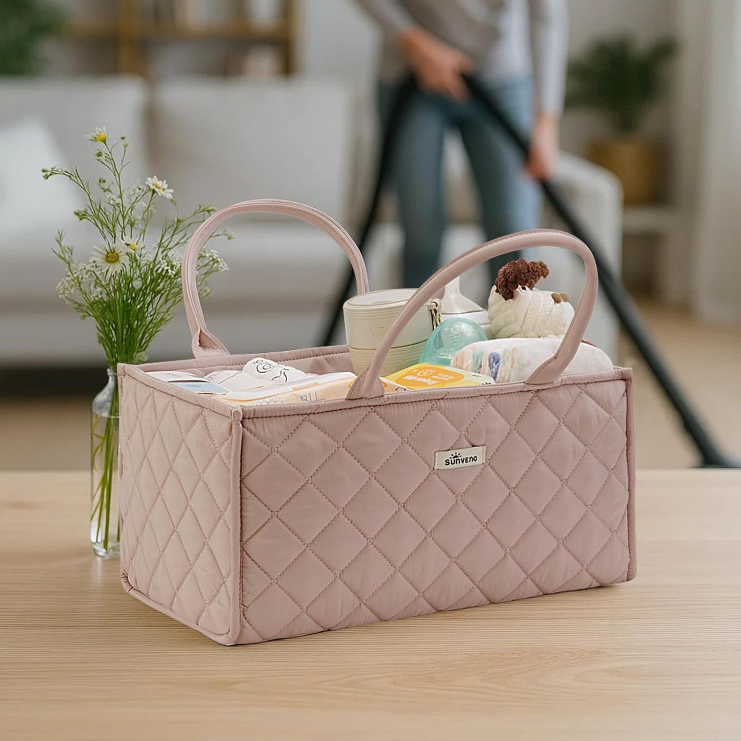 SUNVENO Quilted Diaper Caddy Organizer, Soft Padded Baby Diaper Caddy with Removable Dividers, Large Nursery Storage Basket for Diapers, Wipes and Baby Essentials, Portable Nursery Organizer, Brown